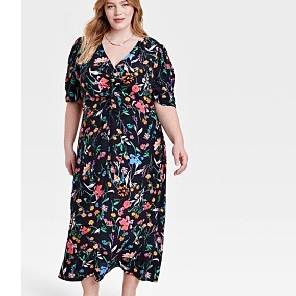 A New Day Women's Puff Short Sleeve Ruched A-Line Dress Black Floral Sz XL EUC - Picture 3 of 15